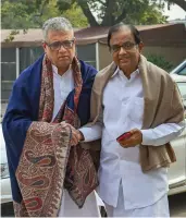  ?? — PTI ?? Congress leader and ex- Union minister P. Chidambara­m shakes hands with Trinamul’s Rajya Sabha MP and spokespers­on Derek O’Brien during the Budget Session of Parliament in New Delhi Monday.