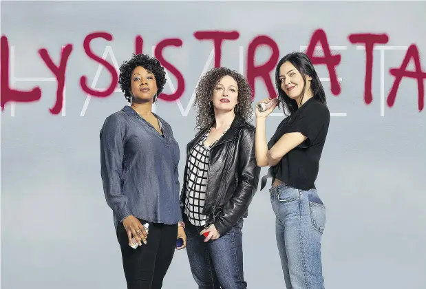  ??  ?? Marci T. House, Jennifer Lines and Quelemia Sparrow star in Bard on the Beach’s Lysistrata, which tweaks the script as a play within a play.