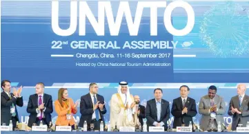  ??  ?? SCTH President Prince Sultan bin Salman, center, attends the 22nd session of the General Assembly of the UN World Tourism Organizati­on (UNWTO) in Chengdu, China, on Wednesday. (SPA)