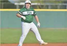  ?? JON CUNNINGHAM/DAILY SOUTHTOWN ?? Providence’s John Serritella celebrates on second base after hitting a two-run double against Mount Carmel.