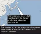  ??  ?? Epic voyage: In just over a year the fishing vessel has travelled across the Pacific ocean from Japan to Vancouve