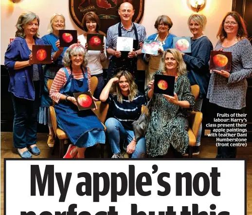  ?? ?? Fruits of their labour: Harry’s class present their apple paintings with teacher Dani Humberston­e (front centre)