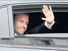  ?? REUTERS ?? French President Emmanuel Macron waves from his car as he leaves after a visit at the Pierre Loti’s house in Rochefort, France, on Thursday.