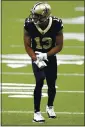  ?? TYLER KAUFMAN — AP ?? New Orleans Saints wide receiver Michael Thomas won’t play on Monday night due to a high ankle sprain.