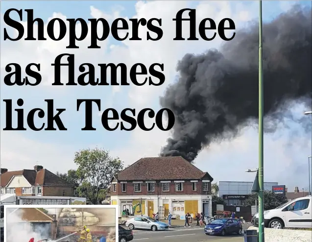  ?? Picture, above: Rob Watts ?? Above, the plume of smoke seen rising above the shop; inset, fire crews damping down after the blaze behind Tesco Express, with the scorched shop wall behind