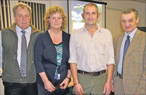  ?? 17_t45nfus01 ?? David Bolt, NFUS Argyll; Joanne Conington, SRUC; Graeme Pirie, SGRPID and Charlie Adam, who chairs the NFUS livestock committee, at Friday night’s launch of the
NFUS livestock roadshows.