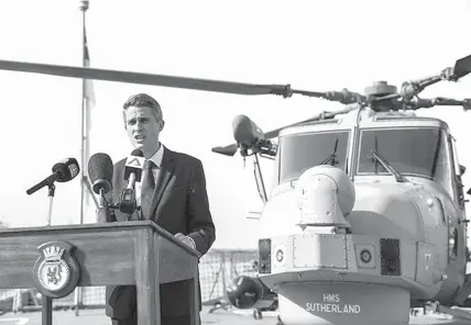  ?? AssOCIated PRess ?? British Secretary of State for Defense Gavin Williamson speaks during a media huddle aboard the HMS Sutherland Royal Navy ship docked at Sembawang Wharves on the sidelines of the 17th Internatio­nal Institute for Strategic Studies (IISS) Shangri-La...