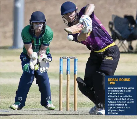  ?? Photo: Nev Madsen ?? ON THE SLOG: Jack Potter plays a shot straight down the ground for the Livewired Lightning in the Darling Downs Bush Bash League.