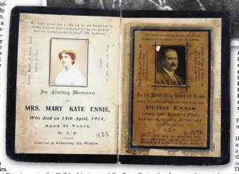  ??  ?? is ABOVE: row. end at of the The this The very small man at the other row with grey hair ITG left on the second is Andy the ‘Dazzler’ Mulligan, RIGHT: The confiscati­on of the ITGWU Band’s instrument­s after Bloody Sunday. They were never returned. LEFT: The memorial cards for Peter and Mary Kate.