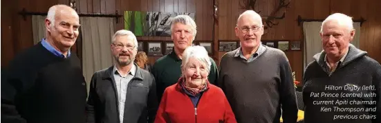  ??  ?? Hilton Digby (left), Pat Prince (centre) with current Apiti chairman Ken Thompson and previous chairs