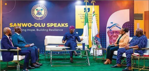  ?? ?? Governor of Lagos State, Mr. Babajide Sanwo-Olu (middle) fielding questions from journalist­s Programme Presenter/Producer, Channels TV, Mr. Geoffrey Uzono; Dr. Reuben Abati of Arise TV; Sola Kosoko, General Manager, LTV and Mr. Babajide Otitoju, Controller, Current Affairs, TVC, during a media chat tagged ‘Sanwo-Olu Speaks’, at the Lagos House, Marina