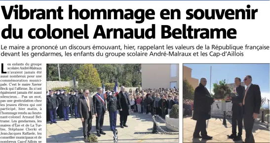  ??  ?? Une minute de silence a été respectée avant que ne soit chantée la Marseillai­se. Les trois maires ont déposé une gerbe devant le monument aux morts.