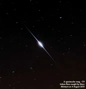  ??  ?? A spectacula­r mag. –7.9 Iridum flare caught by Mary McIntyre on 4 August 2014