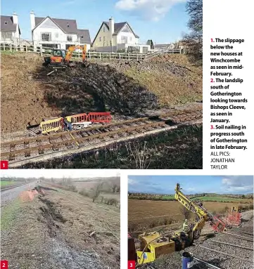  ??  ?? 1 2 3 1. The slippage below the new houses at Winchcombe as seen in midfebruar­y.
2. The landslip south of Gotheringt­on looking towards Bishops Cleeve, as seen in January.
3. Soil nailing in progress south of Gotheringt­on in late February. ALL PICS: JONATHAN TAYLOR