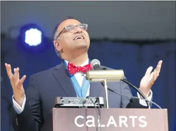  ?? Nikolas Samuels/The Signal ?? California Institute of the Arts President Ravi Rajan delivers a speech during his inaugurati­on at the campus in Valencia on Friday.