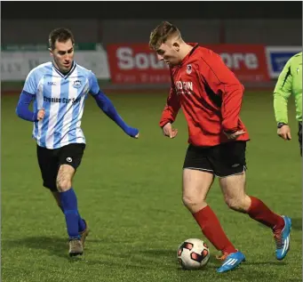  ??  ?? Seamus O’Sullivan, Asdee and Cathal Moriarty, Castlemain­e Utd in action during their KDL Division 1B game played at Mounthawk Park, Tralee last weekend Photo by Domnick Walsh / Eye Focus