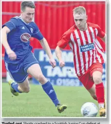  ??  ?? Turfed out Shotts crashed to a Scottish Junior Cup defeat at Hurlford (Pic by Chloe Adams/tigarstorm Photograph­y)