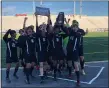  ?? ANDREW ROBINSON/MEDIANEWS GROUP ?? Seniors Evan Wright (5), Luke Perreault (2), Sebastian Zavaleta (3), David Brownell (15) and Branko Stanisic (14) celebrate Faith Christian’s PIAA 1A title on Friday.