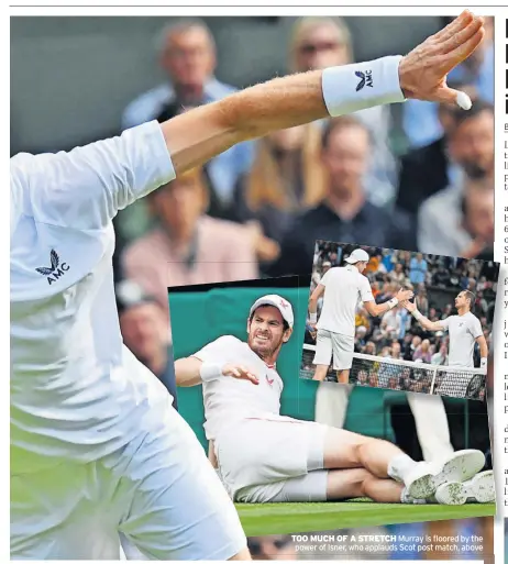  ?? ?? TOO MUCH OF A STRETCH Murray is floored by the power of Isner, who applauds Scot post match, above