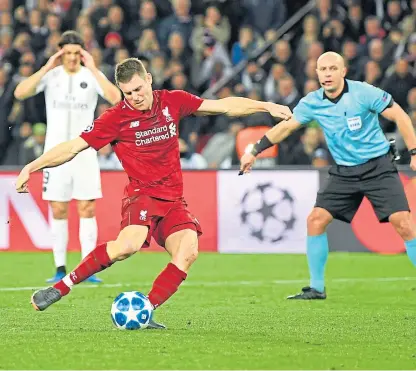  ?? Pictures: Getty. ?? Above: James Milner fires in Liverpool’s penalty in last night’s defeat in Paris; below: Christian Eriksen celebrates after netting Tottenham’s winner at Wembley.