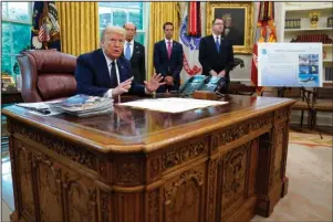  ?? The Associated Press ?? HURRICANE SEASON: President Donald Trump speaks as he receives a briefing on the 2020 hurricane season in the Oval Office of the White House on Thursday in Washington. Watching are Commerce Secretary Wilbur Ross and Neil Jacobs, assistant Secretary of Commerce for Environmen­tal Observatio­n and Prediction, and Pete Gaynor, administra­tor of the Federal Emergency Management Agency.