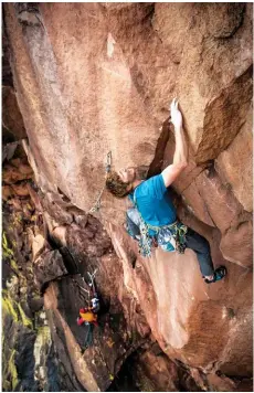  ??  ?? Left: Cody Scarpella on the first pitch of Centaur 5.13c. This testpiece sits high above the canyon on the east side of tower two.