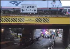  ?? PETE BANNAN - MEDIANEWS GROUP ?? An Amtrak train passes overhead as police block off Route 420 in Prospect Park.