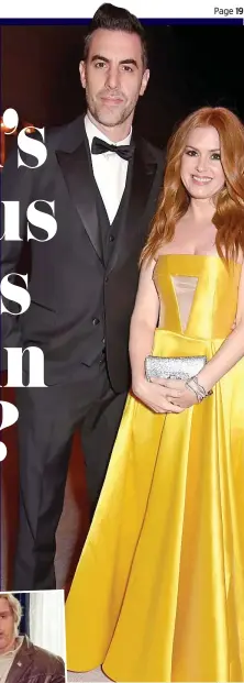  ??  ?? Satire: Baron Cohen with wife Isla Fisher. Left: As Billy Wayne Ruddick, interviewi­ng Bernie Sanders