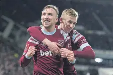  ?? ?? STARTING POINT: West Ham’s Jarrod Bowen (left) celebrates scoring his side’s first goal at Pride Park, the visitors prevailing 2-0.