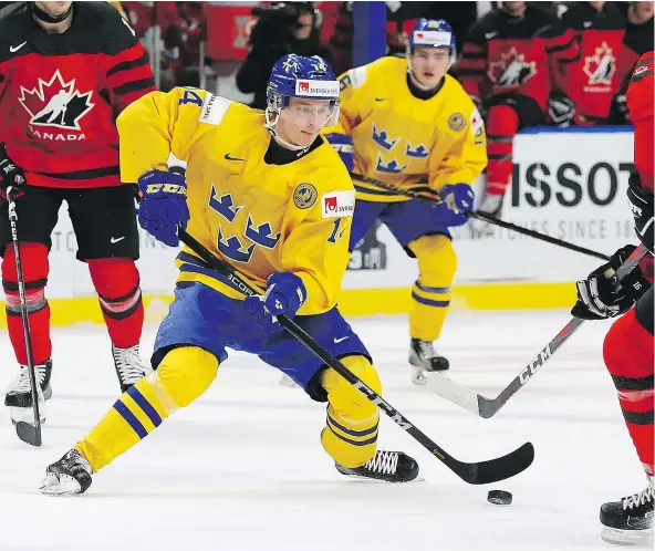  ?? — GETTY IMAGES FILES ?? With 56 points (24 goals, 32 assists) in 44 games, Elias Pettersson of Sweden has broken the Swedish Hockey League U20 scoring record. The previous record stood for 42 years.