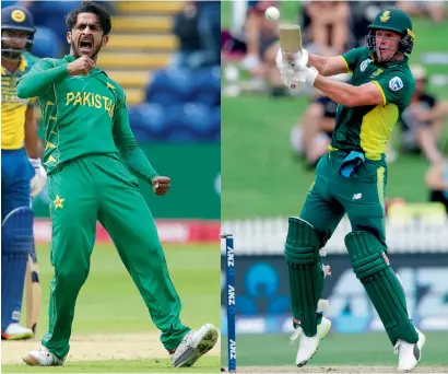  ??  ?? Pakistan’s Hasan Ali has made a solid impact with his bowling. South Africa’s AB de Villiers uses his bat like a magic wand.