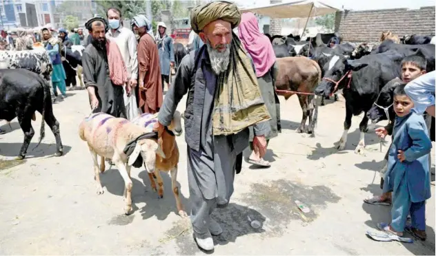  ?? Agence France-presse ?? ↑ People sell sacrificia­l animals ahead of Eid Al Adha in Kabul on Monday.