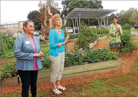  ?? FRAN MAYE — DIGITAL FIRST MEDIA ?? From left: Kim Hisler, Betsy Ballary and Phoebe Kitson-Davis at the raised bed garden at C.F. Patton Middle School. The solar panel is in the background.