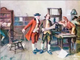  ?? ?? Benjamin Franklin, centre, inserted an abortion recipe in a popular textbook he republishe­d in 1748