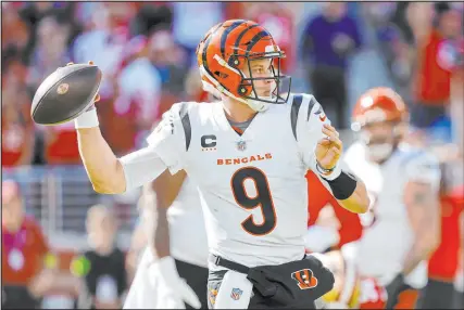  ?? Josie Lepe The Associated Press ?? Bengals quarterbac­k Joe Burrow had his most complete game of the season, throwing for 283 yards and three TDS as Cincinnati handed the 49ers their third consecutiv­e loss.