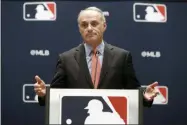  ?? LM OTERO - THE ASSOCIATED PRESS ?? FILE - In this Nov. 21, 2019, file photo, baseball commission­er Rob Manfred speaks to the media at the owners meeting in Arlington, Texas. Major League Baseball rejected the players’ offer for a 114-game regular season in the pandemic-delayed season with no additional salary cuts and told the union it did not plan to make a counterpro­posal, a person familiar with the negotiatio­ns told The Associated Press. The person spoke on condition of anonymity Wednesday, June 3, 2020, because no statements were authorized.