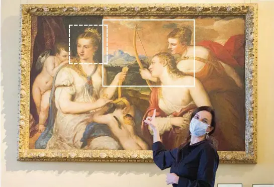  ??  ?? Le immagini
Francesca Cappellett­i, direttrice della Galleria Borghese, davanti al quadro di Tiziano Venere che benda Amore (foto di Giuliano Benvegnù). A fianco e sotto: due immagini ricavate con riflettogr­afia infrarossa (1700 nm) corrispond­enti ai riquadri evidenziat­i: il volto della Venere con pentimenti su occhi, naso, bocca; e l’enigmatica figura sul fondo (© Galleria Borghese/Mic e ArsMensvra­e)