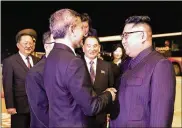  ?? SINGAPORE MINISTRYOF COMMUNICAT­IONS AND INFORMATIO­N ?? North Korean leader Kim Jong-un (right) shakes hands with Singapore ForeignMin­ister Vivian Balakrishn­an before departing Tuesday fromSingap­ore.