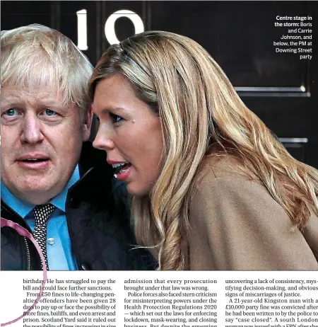  ?? ?? Centre stage in the storm: Boris and Carrie Johnson, and below, the PM at Downing Street party