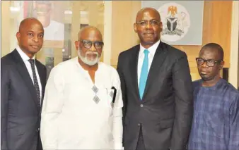  ??  ?? Executive Director, Commercial Banking, Union Bank, Adekunle Sonola; Executive Governor of Ondo State, Rotimi Akeredolu; Chief Executive Officer, Union Bank, Emeka Emuwa and Deputy Governor of Ondo State, Hon. Agboola Ajayi during the Bank’s courtesy...