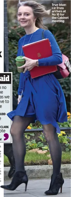  ??  ?? True blue: Liz Truss arrives at No 10 for the Cabinet meeting