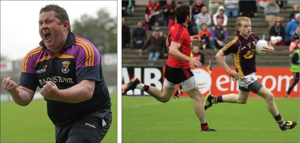  ??  ?? Manager David Power reacts with delight to the final whistle.
Wexford defender Simon Donohoe breaking away from Down’s Kevin McKernan.