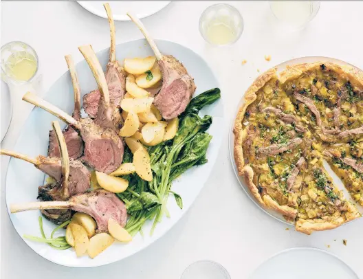  ?? DAVID MALOSH/THE NEW YORK TIME PHOTOS ?? Spring lamb with rosemary and turnips, left, and onion tart with leeks, capers and anchovies — a meal that allows you to skip ahead in time to spring.