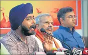  ?? ANI ?? BJP leader Tajinder Bagga addressing a press conference at the party office in New Delhi on Wednesday. Party’s Delhi chief Adesh Gupta and leader Parvesh Verma are also seen.