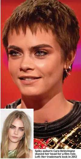  ??  ?? Spiky auburn: Cara Delevingne shaved her head for a film role. Left: Her trademark look in 2012