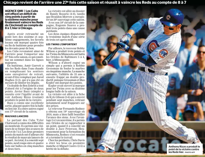  ?? PHOTO AFP ?? Anthony Rizzo a produit le point de la victoire contre les Reds hier.