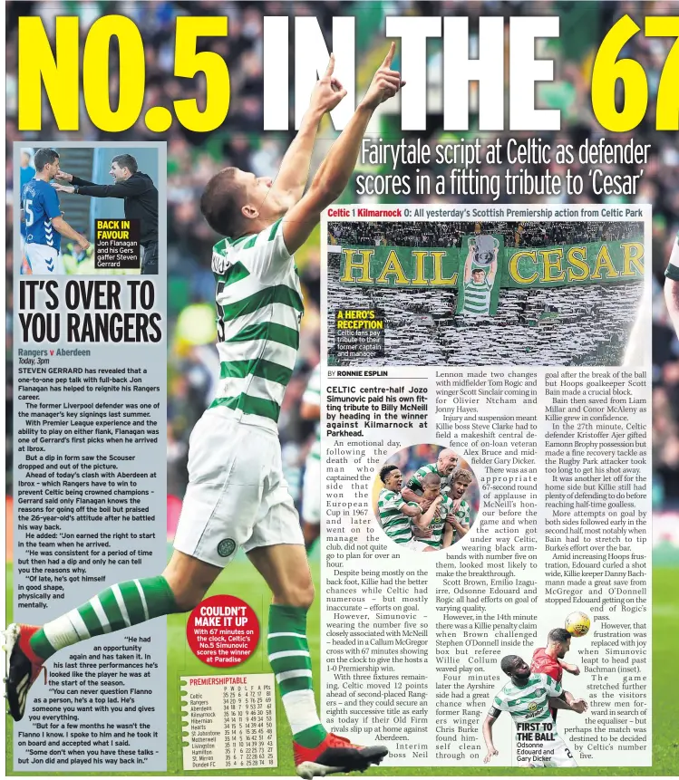  ??  ?? COULDN’T MAKE IT UP With 67 minutes on the clock, Celtic’s No.5 Simunovic scores the winner at Paradise A HERO’S RECEPTION Celtic fans pay tribute to their former captain and manager FIRST TO THE BALL Odsonne Edouard and Gary Dicker