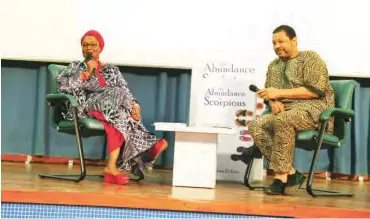  ??  ?? Hajiya Isma El-Rufai in a book chat anchored by Olaokun Soyinka at the public presentati­on