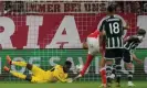  ?? Photograph: Matthias Schräder/AP ?? Leroy Sané gives Bayern Munich the lead after André Onanafails to keep out his shot.