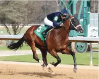 ?? Submitted photo ?? ■ Verifying, under Martin Garcia, wins a race Jan. 14 at Oaklawn. Verifying is entered in today’s Grade 2 $1 million Rebel Stakes at Oaklawn. Photo courtesy of Coady Photograph­y.